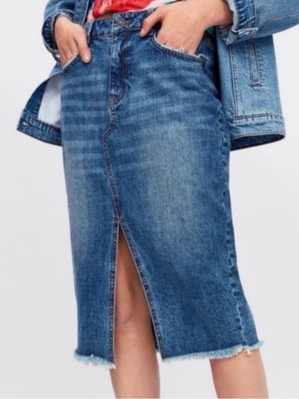 Zara Authentic Denim by TRF Hi-Rise Midi Skirt